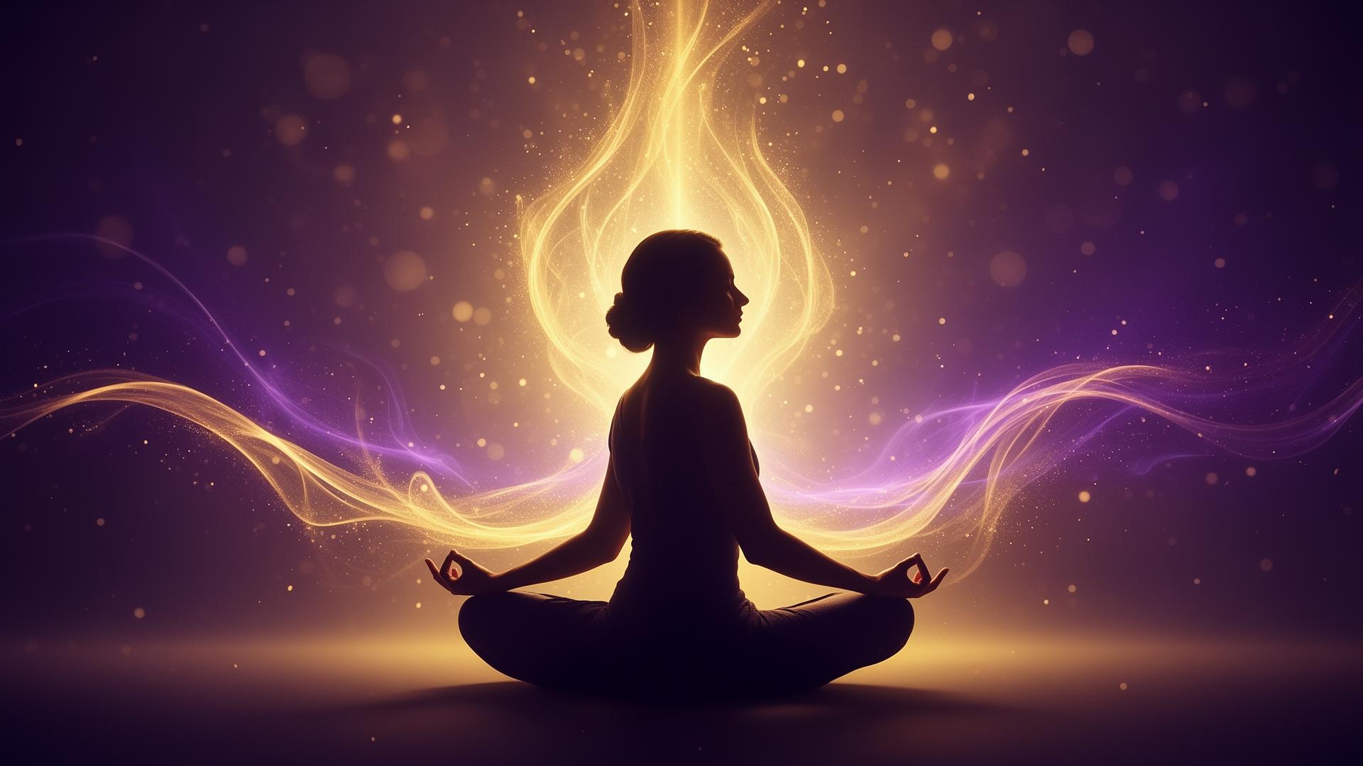 Energia dourada e violeta envolvendo uma pessoa em estado de meditação - sessão de Reiki