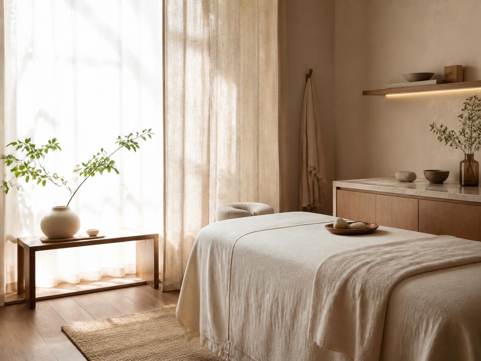 Sala de atendimento da Cura com Amor preparada para uma sessão de Reiki, com luz natural suave e tons de areia